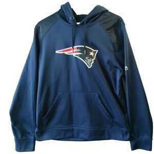 New England Patriots Hoodie Men M Majestic Blue Graphic Logo Pullover Sweatshirt